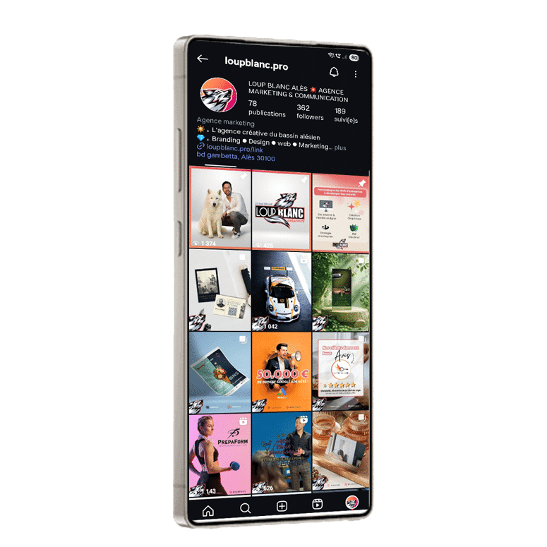 Téléphone qui montre le compte instagram du loup blanc d'alès marketing et communication